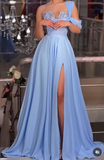 Blue One Shoulder A-Line Chiffon Long Prom Dresses Formal Evening Gowns with Slits HZ1024