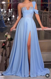 Blue One Shoulder A-Line Chiffon Long Prom Dresses Formal Evening Gowns with Slits HZ1024