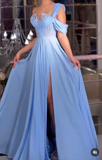 Blue One Shoulder A-Line Chiffon Long Prom Dresses Formal Evening Gowns with Slits HZ1024
