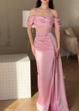 Pink Off Shoulder Sheath Satin Long Prom Dresses Formal Evening Gowns with Slits HZ1024