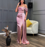 Pink Off Shoulder Sheath Satin Long Prom Dresses Formal Evening Gowns with Slits HZ1024