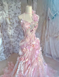 Pink Sweetheart Mermaid Tulle Long Prom Dresses Formal Evening Gowns with Appliques HZ1024