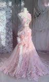 Pink Sweetheart Mermaid Tulle Long Prom Dresses Formal Evening Gowns with Appliques HZ1024