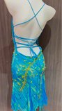 Spaghetti Straps Blue Sheath Chiffon Backless Prom Dresses Vintage Evening Gowns with Beading HZ1024