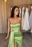 Green Spaghetti Straps Mermaid Satin Short Long Prom Dresses Formal Evening Gowns with Slits HZ1024