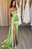 Green Spaghetti Straps Mermaid Satin Short Long Prom Dresses Formal Evening Gowns with Slits HZ1024
