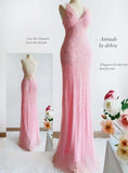 Pink V Neck Mermaid Chiffon Beading Long Prom Dresses Vintage Formal Evening Gowns HZ1024