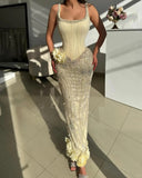Butter Yellow Square Neck Sheath Chiffon Beaded Long Prom Dresses Formal Evening Gowns HZ1024