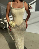 Butter Yellow Square Neck Sheath Chiffon Beaded Long Prom Dresses Formal Evening Gowns HZ1024