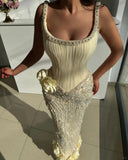 Butter Yellow Square Neck Sheath Chiffon Beaded Long Prom Dresses Formal Evening Gowns HZ1024