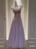 Purple Spaghetti Straps A-Line Lace Tulle Long Prom Dresses Gorgeous Birthday Evening Gowns HZ1024