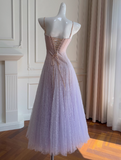 Purple Spaghetti Straps A-Line Lace Tulle Long Prom Dresses Gorgeous Birthday Evening Gowns HZ1024