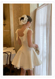 Light Apricot Square Neck Satin A-Line Short Prom Dresses Homecoming Dresses HZ1024