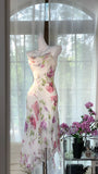White Spaghetti Straps Sheath Printed Chiffon Vintage Short Prom Dresses HZ1024