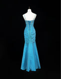 Blue Spaghetti Straps Mermaid Taffeta Long Prom Dresses Formal Evening Gowns with Beading HZ1024