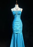 Blue Spaghetti Straps Mermaid Taffeta Long Prom Dresses Formal Evening Gowns with Beading HZ1024