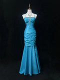 Blue Spaghetti Straps Mermaid Taffeta Long Prom Dresses Formal Evening Gowns with Beading HZ1024