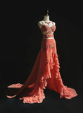 Peach Strap A-Line Chiffon Long Prom Dresses Vintage Evening Gowns with Beading HZ1024