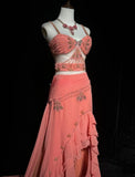 Peach Strap A-Line Chiffon Long Prom Dresses Vintage Evening Gowns with Beading HZ1024