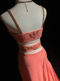 Peach Strap A-Line Chiffon Long Prom Dresses Vintage Evening Gowns with Beading HZ1024