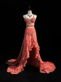 Peach Strap A-Line Chiffon Long Prom Dresses Vintage Evening Gowns with Beading HZ1024