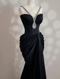 Black V-neck Mermaid Satin Long Prom Dresses Formal Evening Gowns HZ1024