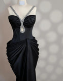 Black V-neck Mermaid Satin Long Prom Dresses Formal Evening Gowns HZ1024