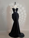 Black V-neck Mermaid Satin Long Prom Dresses Formal Evening Gowns HZ1024