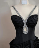 Black V-neck Mermaid Satin Long Prom Dresses Formal Evening Gowns HZ1024