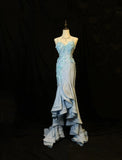 Blue Spaghetti Straps Mermaid Satin Long Prom Dresses Vintage Evening Gowns with Appliques HZ1024
