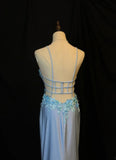 Blue Spaghetti Straps Mermaid Satin Long Prom Dresses Vintage Evening Gowns with Appliques HZ1024