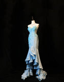 Blue Spaghetti Straps Mermaid Satin Long Prom Dresses Vintage Evening Gowns with Appliques HZ1024
