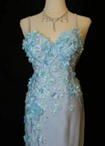Blue Spaghetti Straps Mermaid Satin Long Prom Dresses Vintage Evening Gowns with Appliques HZ1024