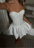 White Sweetheart A-Line Satin Lace Short Prom Dresses Homecoming Dresses HZ1024