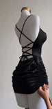 Black Spaghetti Straps Bodycon Satin Short Prom Dresses Homecoming Dresses with Open Back HZ1024