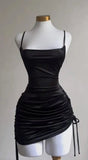 Black Spaghetti Straps Bodycon Satin Short Prom Dresses Homecoming Dresses with Open Back HZ1024