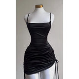 Black Spaghetti Straps Bodycon Satin Short Prom Dresses Homecoming Dresses with Open Back HZ1024