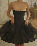 Black Strapless A-Line Satin Lace Short Prom Dresses Homecoming Dresses HZ1024
