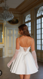 White Spaghetti Straps A-Line Satin Lace Short Wedding Dresses Homecoming Dresses with Pearls HZ1024