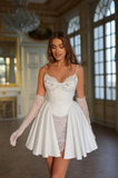 White Spaghetti Straps A-Line Satin Lace Short Wedding Dresses Homecoming Dresses with Pearls HZ1024