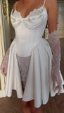 White Spaghetti Straps A-Line Satin Lace Short Wedding Dresses Homecoming Dresses with Pearls HZ1024