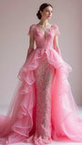 Pink V Neck Sheath Tulle Long Prom Dresses Wedding Dresses Lace Appliques Formal Evening Dresses HZ1024