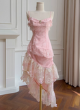 Pink Spaghetti Straps A-Line Satin Jacquard Lace Short Prom Dresses Homecoming Dresses with Beading HZ1024