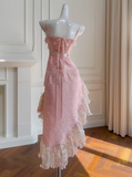 Pink Spaghetti Straps A-Line Satin Jacquard Lace Short Prom Dresses Homecoming Dresses with Beading HZ1024