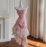 Pink Spaghetti Straps A-Line Satin Jacquard Lace Short Prom Dresses Homecoming Dresses with Beading HZ1024
