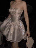 White Strapless A-Line Satin Short Prom Dresses Homecoming Dresses with Pearls HZ1024