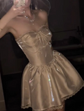 White Strapless A-Line Satin Short Prom Dresses Homecoming Dresses with Pearls HZ1024