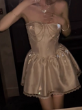 White Strapless A-Line Satin Short Prom Dresses Homecoming Dresses with Pearls HZ1024