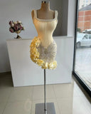Butter Yellow Square Neck Bodycon Beaded Tulle Short Prom Dresses Gorgeous Homecoming Dresses HZ1024