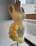 Butter Yellow Square Neck Bodycon Beaded Tulle Short Prom Dresses Gorgeous Homecoming Dresses HZ1024
